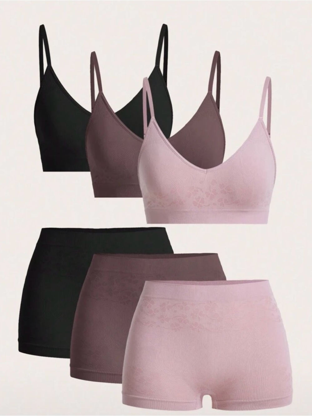 Seamless V-Neck Bralette & High-Waist Boyshort Set - Black, Mauve, Pink